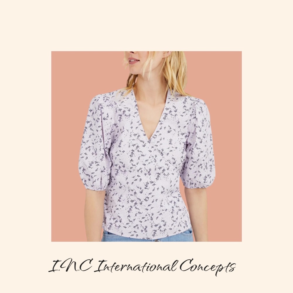 I.N.C International Concepts Lavender Floral Puff Sleeve Wrap Women’s Top